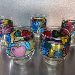 5 Vintage Libbey Stained Glass Fruit Pattern Glasses Tumblers 5 1/2" 