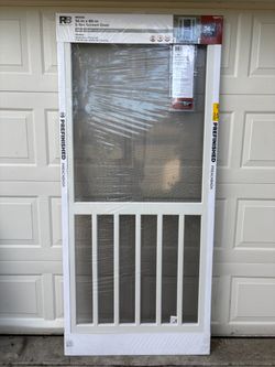 New - some damage-  Hinged Wood Screen door reversible 36-in W x 80-in H x 1-inT Single