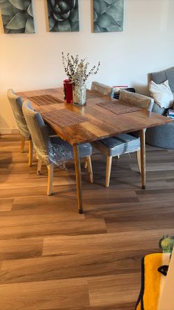 Dining table 4 chairs, one bench