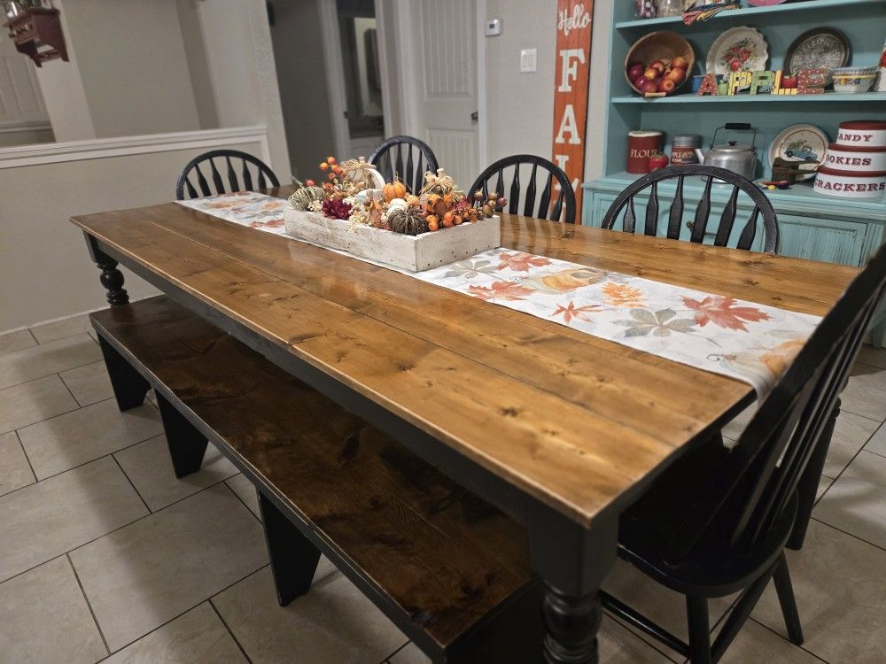 Farmhouse table with chairs and bench