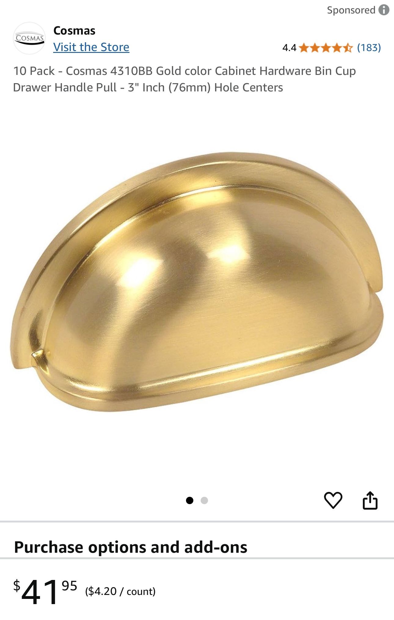 Cosmas Gold Hardware Bin Cup Drawer Handles Pull 10pack