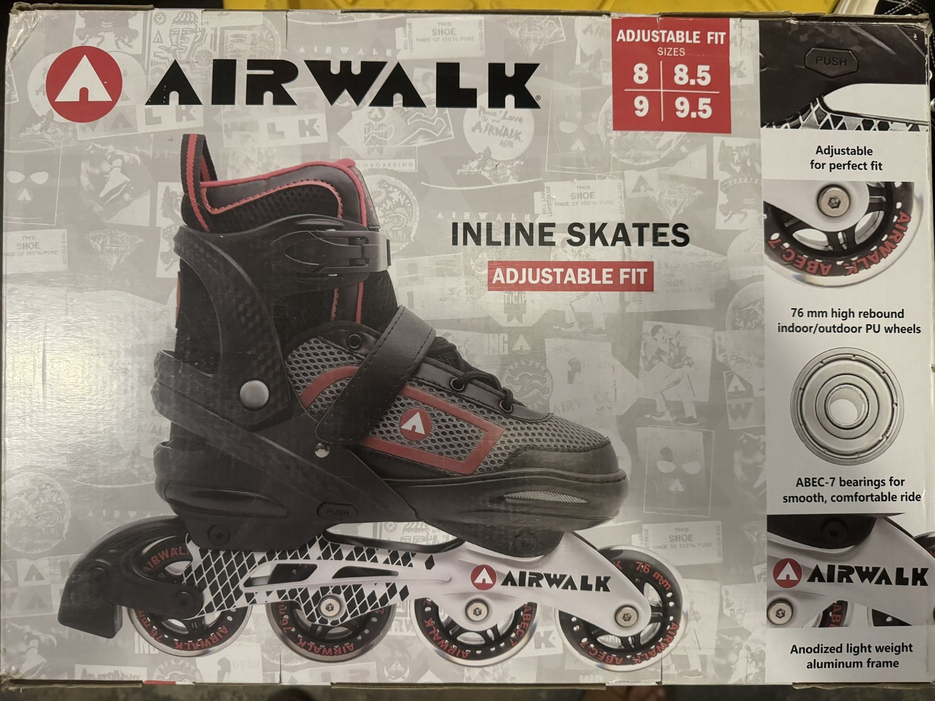 Airwalk Adult Inline Skates Red Black Adjustable Fit 8-8.5