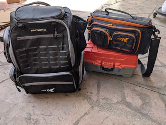 1 small tackle box, 1 medium soft tackle bag, 1 large tackle backpack.
