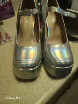 Silver Holographic Platform Mary Jane Heels