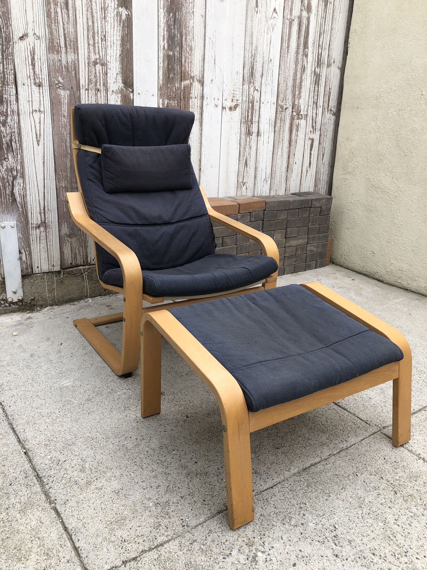 Light Birch and Navy Upholstery Lounge Chair with Ottoman