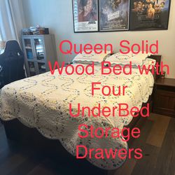 Queen Size Solid Wood Bed With 4 Drawer Storage
