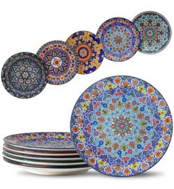Dinner Plates, 10.5 Inch Ceramic Plates Set of 6, Bohemian Colorful Serving Dishes for Steak, Snacks, Pizza, Cake, Kitchen Decor Gift, Microwave Dishw