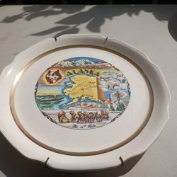 Vintage Alaska Map Landmark Collector's Plate Gold Trim 
