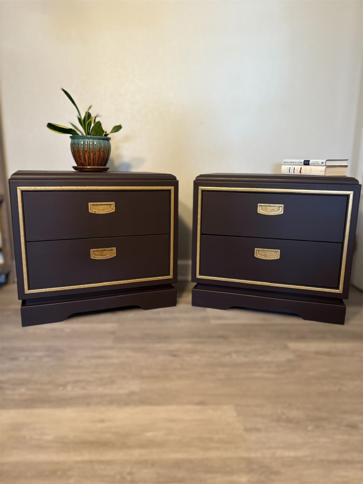 Elegant Black and Brass Vintage Large Nightstands or End Tables