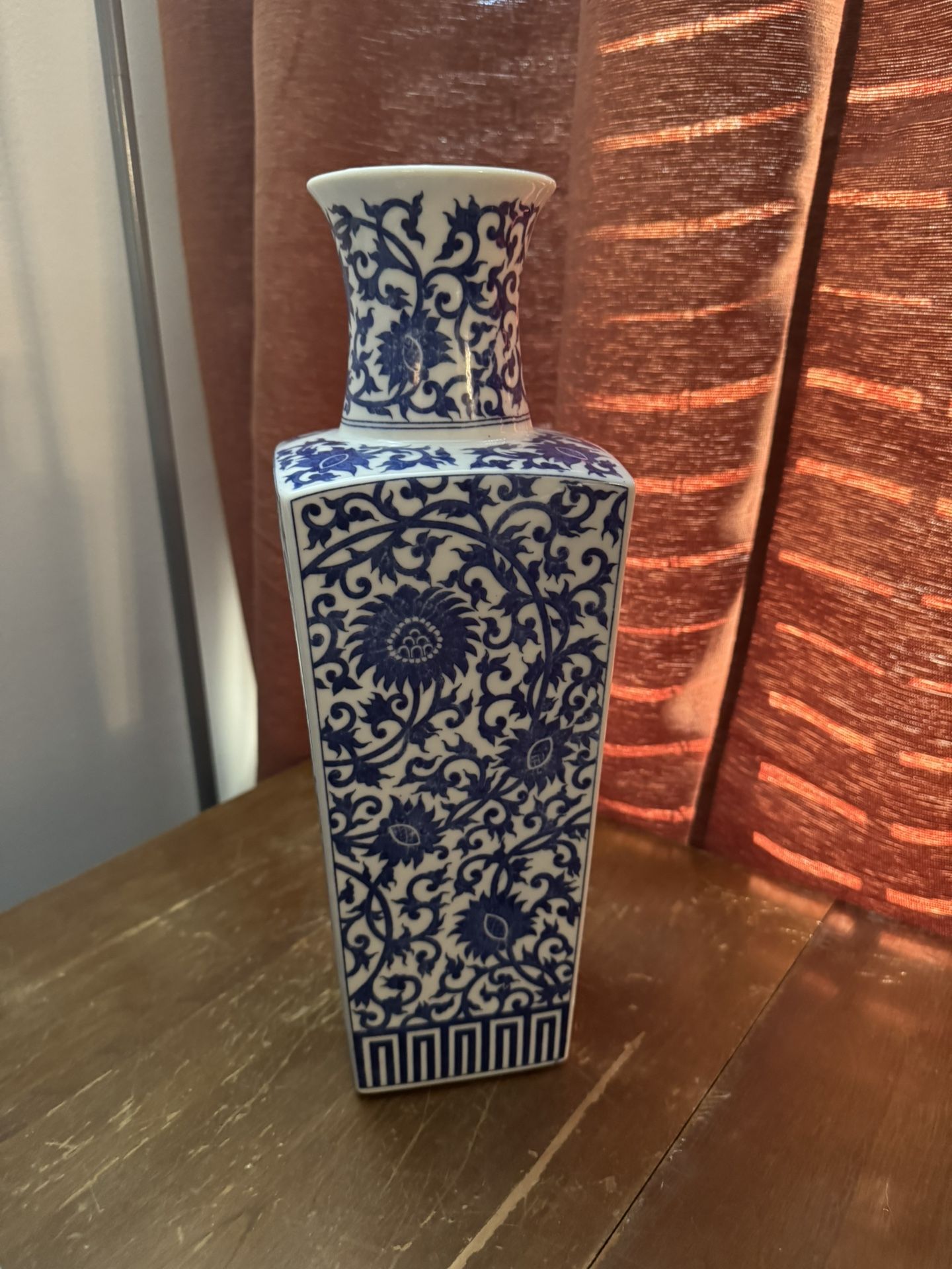 Vintage blue and white Chinese Porcelain Vase Square Baluster Form 10.5” Vase