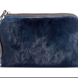 New Authentic PATRICIA NASH Italian Leather Navy Blue Fur Cassini Wristlet Bag