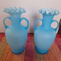 PAIR of Vintage Urn Style Blue Satin Glass Vases with Applied Handles - Hand  Blown