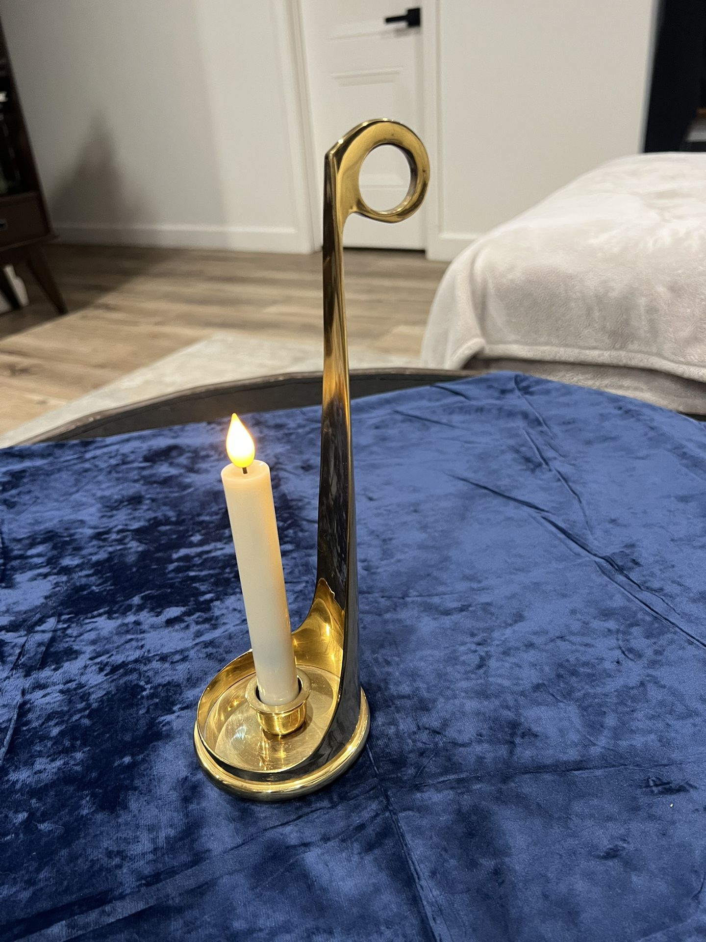 Vintage Taper Candle Holder Brass Finger Loop Heavy Metal Decor Party Lite