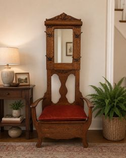 Antique 19th Century Oak Hall Tree Bench with Mirror & Storage