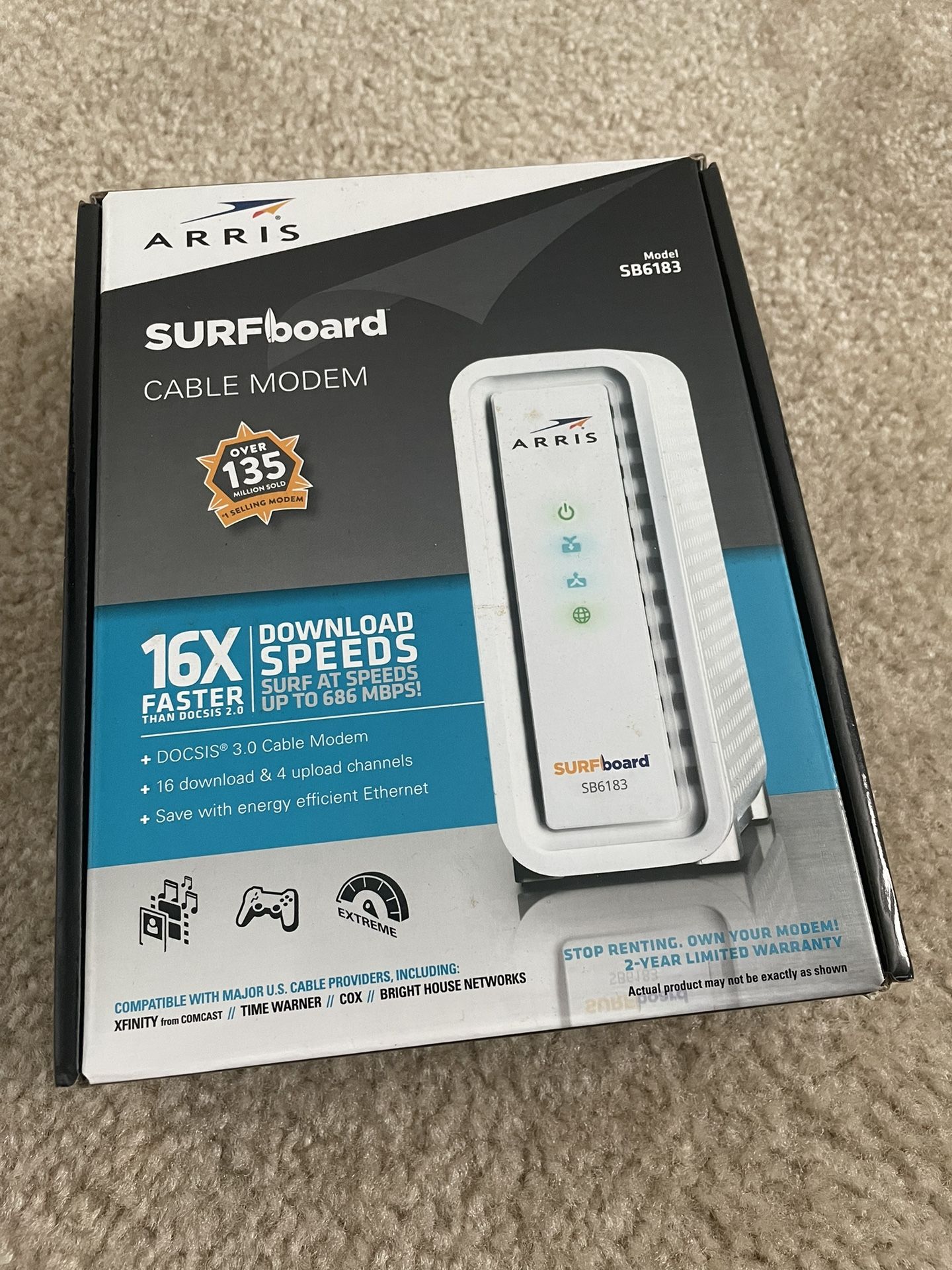 ARRIS - SURFboard SB6183 16 x 4 DOCSIS 3.0 Cable Modem - White