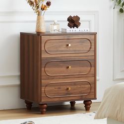 3 Drawer Nightstand, Classic Chest of Drawers with Arc Edge, Walnut