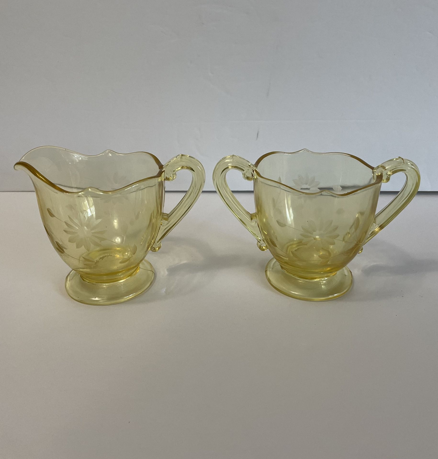 1930’s Yellow Lancaster Depression Glass Jubilee Etched Floral Sugar & Creamer Set