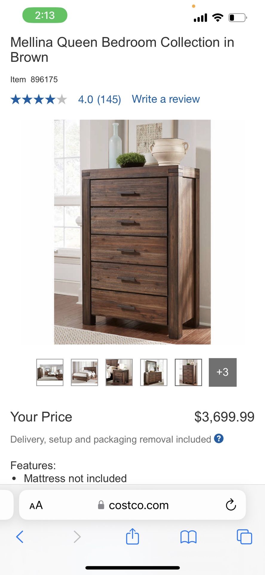 Costco Tall Solid Wood Tall Dresser! Like New Condition