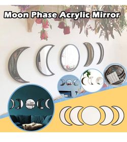 Keweis 5 Pieces Scandinavian Natural Decor Acrylic Wall Decorative Interior Design Wooden Moon Phase Mirror Bohemian Wall Decoration for Home Living R