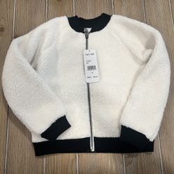 NWT $66 Splendid Girls White Faux Fur Ribbed Trim Bomber Jacket Coat Size 5