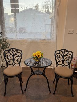 🔥Set of 3🔥Bistro Patio Set Cast Aluminum Bistro Table and Chairs Set of 2 with Cushion,Outdoor Bistro Table Set with Umbrella Hole,Metal Patio Furni