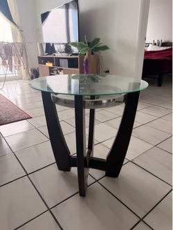 Round Glass Top Side Table with Dark Wood Base