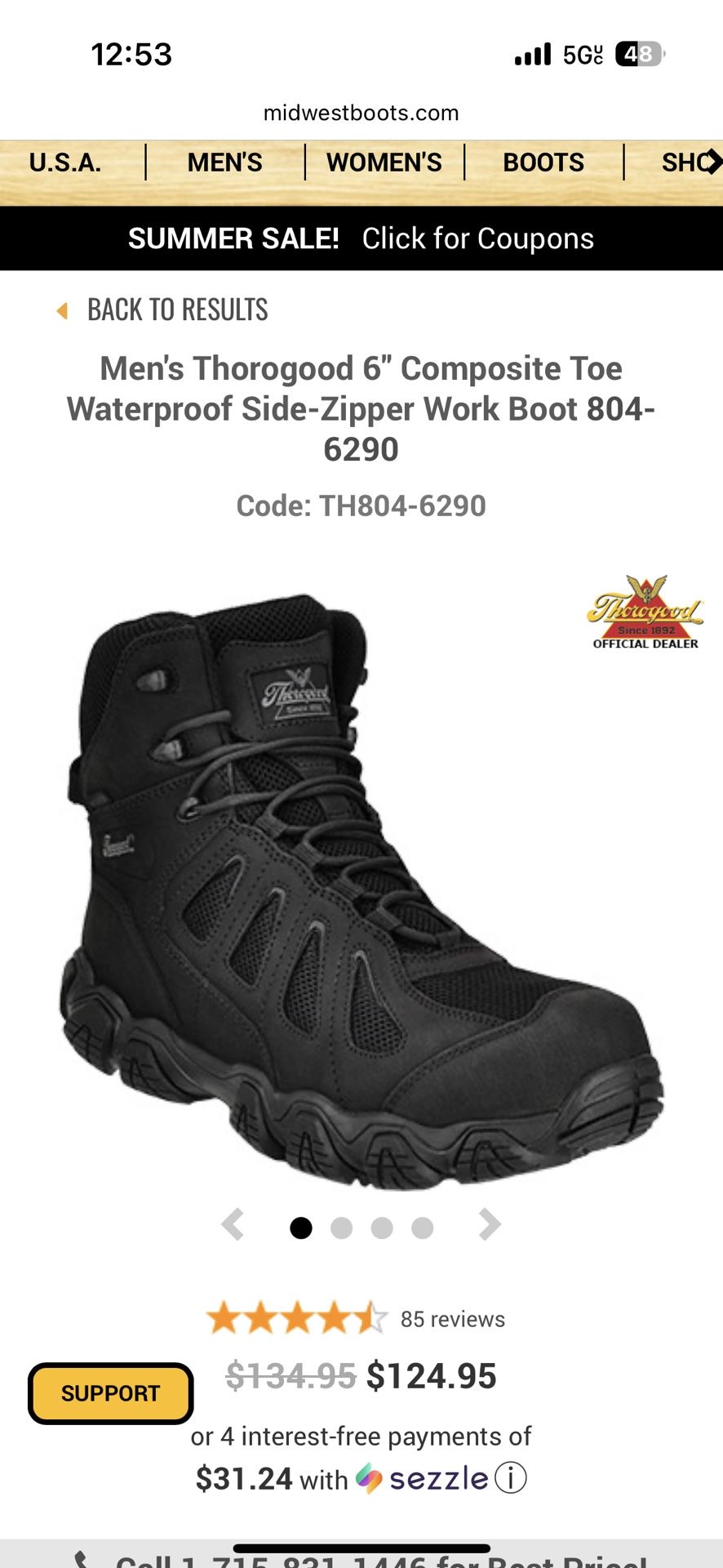 Men's Thorogood 6" Composite Toe Waterproof Side-Zipper Work Boot (contact info removed)