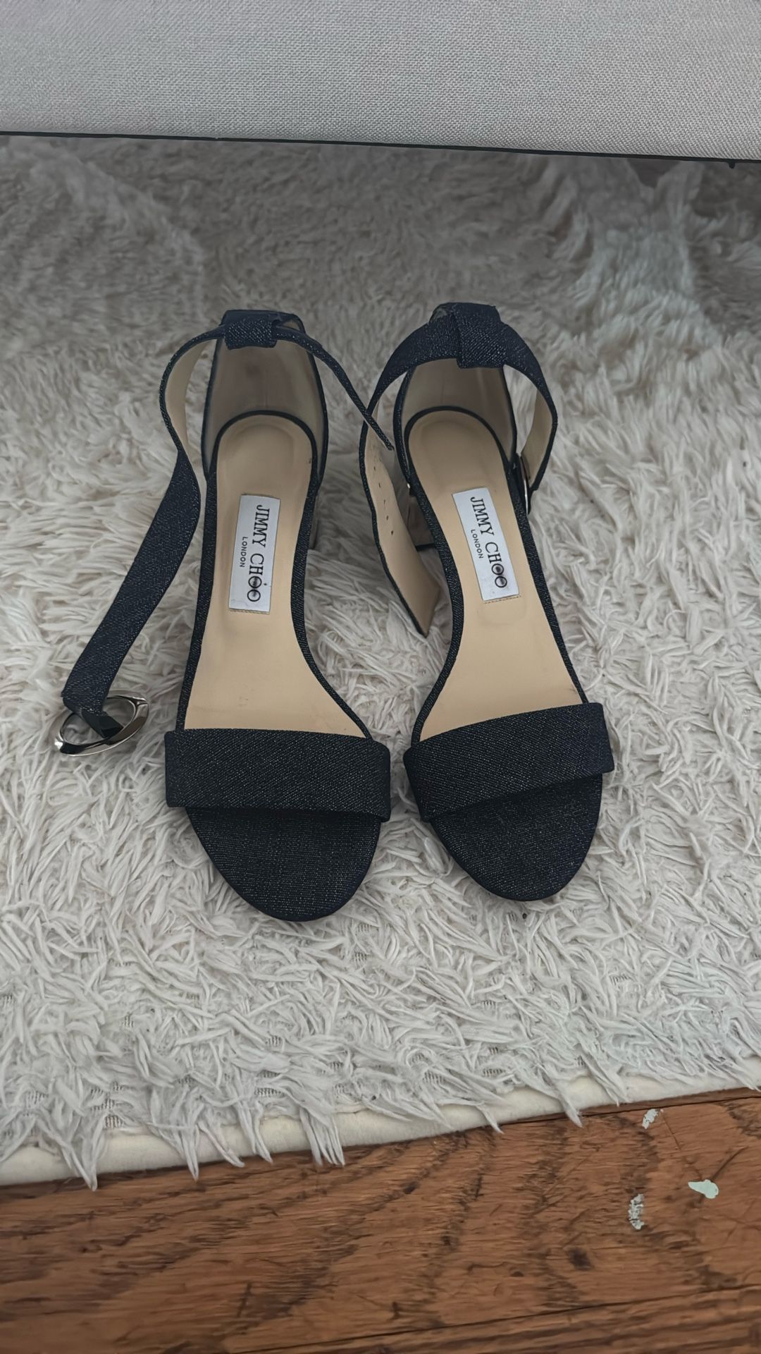 Jimmy Choo Jaimie 40mm Silver Denim Block Heel Shoes Size 38