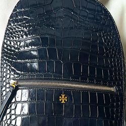 Tory Burch Croc Embossed Black Leather Backpack
