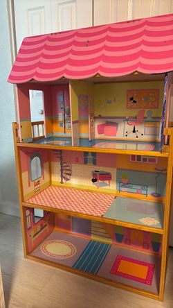 Large Wooden Dollhouse 3-Story Pink Roof