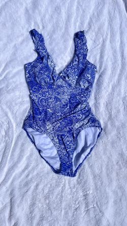 NWT Ralph Lauren Artisanal W Be oodblock Ruffle Surplice Underwire Tank One-Piece, SZ L