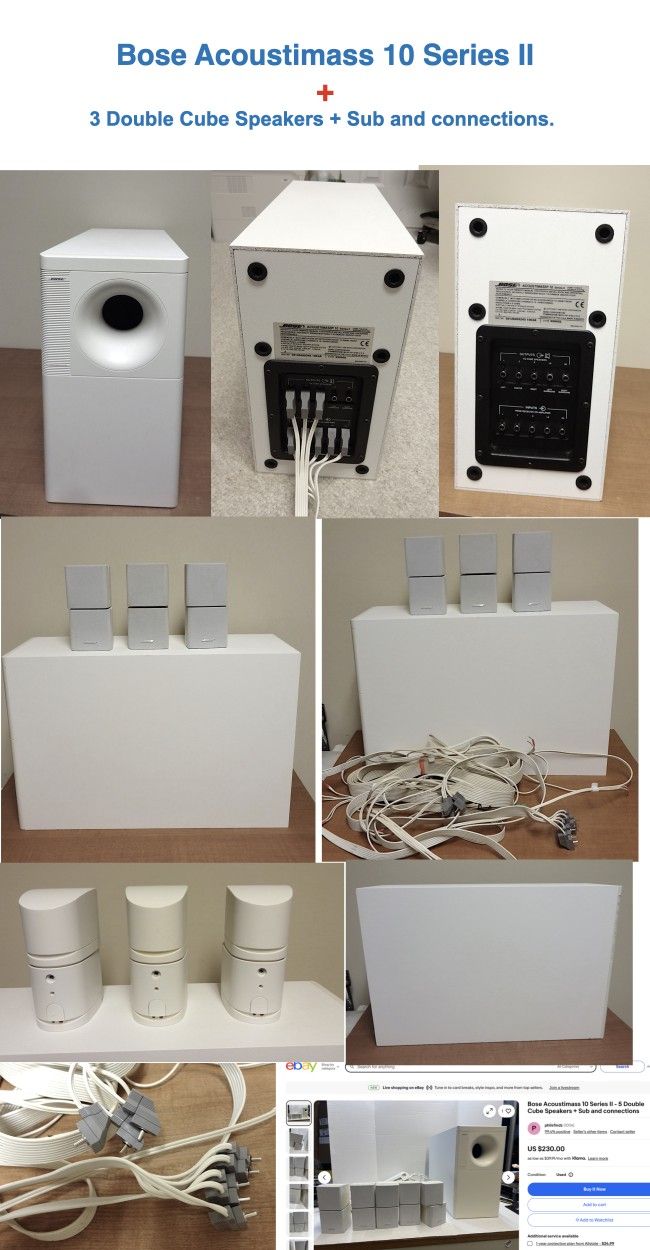 Bose Acoustimass 10 Series II —3 Double Cube Speakers + Sub and connections.