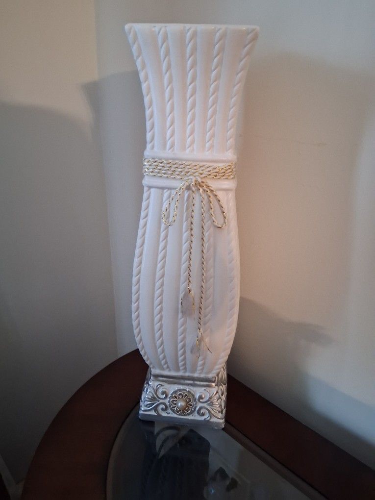 Tall Vase!! (white w/gold ribbon) (24in. h)