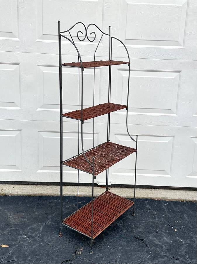 Vintage Mid Century Modernism MCM Atomic Folding Metal Wrought Iron And Wicker Shelving Unit 4 Tier Backers Rack Plant Stand