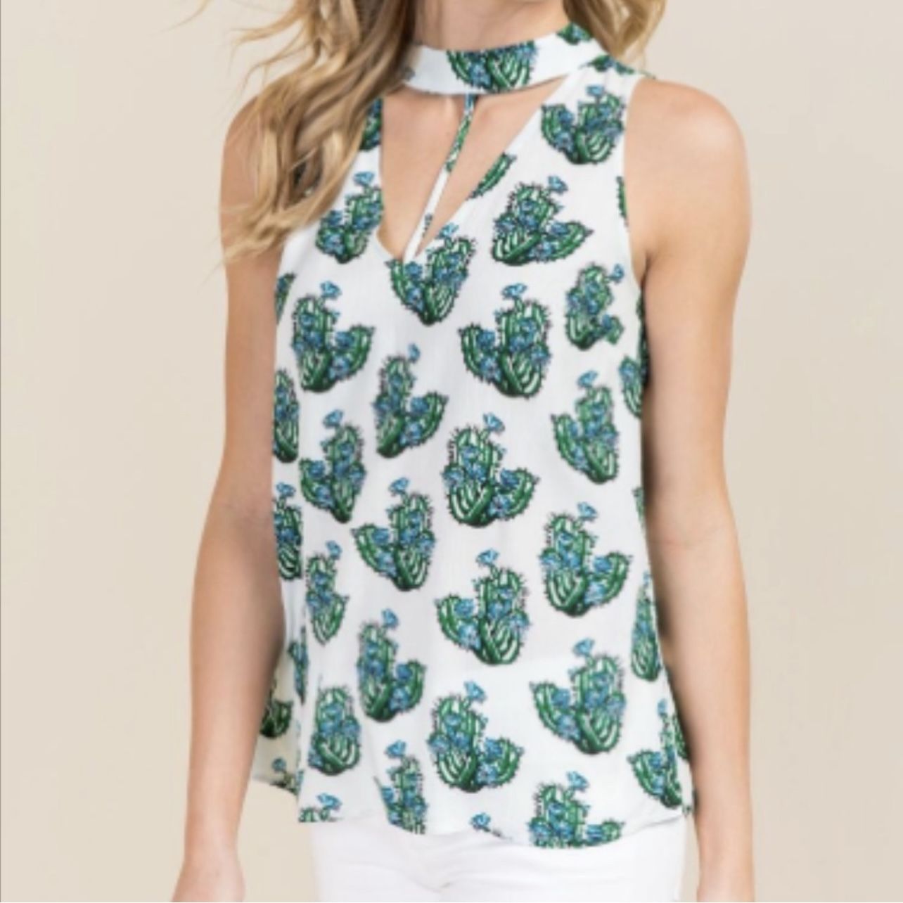 FRANCESCA’S White Green Blue Keyhole Halter Neck Cactus Graphic Tank Top NEW
