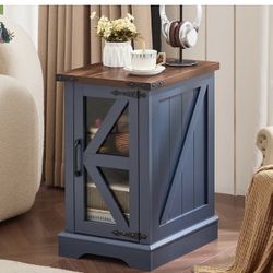 Farmhouse 14'' Side End Table， Narrow Night Stand with Glass Barn Door, Storage Bedside Tables, Nightstand Cabinet Organizer for Small Spaces Living R