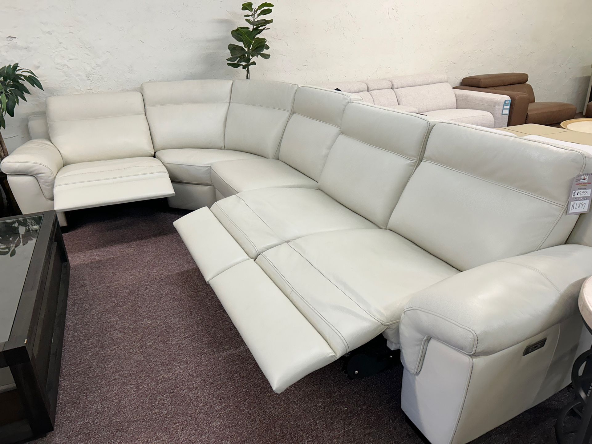 Furniture- Natuzzi 5 Pc 100% Real Leather Sectional With 3 Power Recliners- Julius