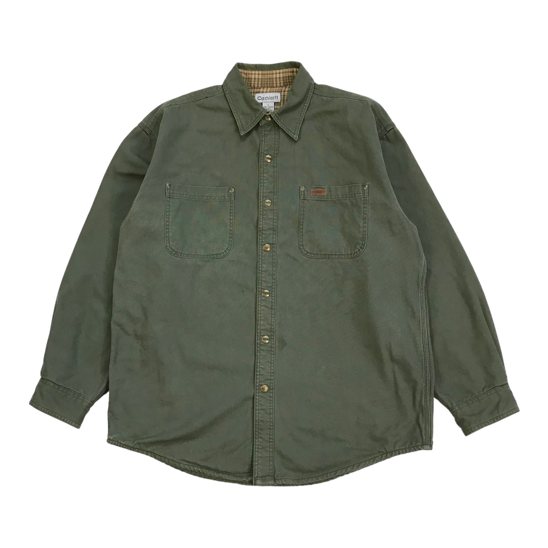 CARHARTT S96 FLANNEL LINED CANVAS SHIRT LARGE L MENS GREEN JACKET SHACKET SNAP