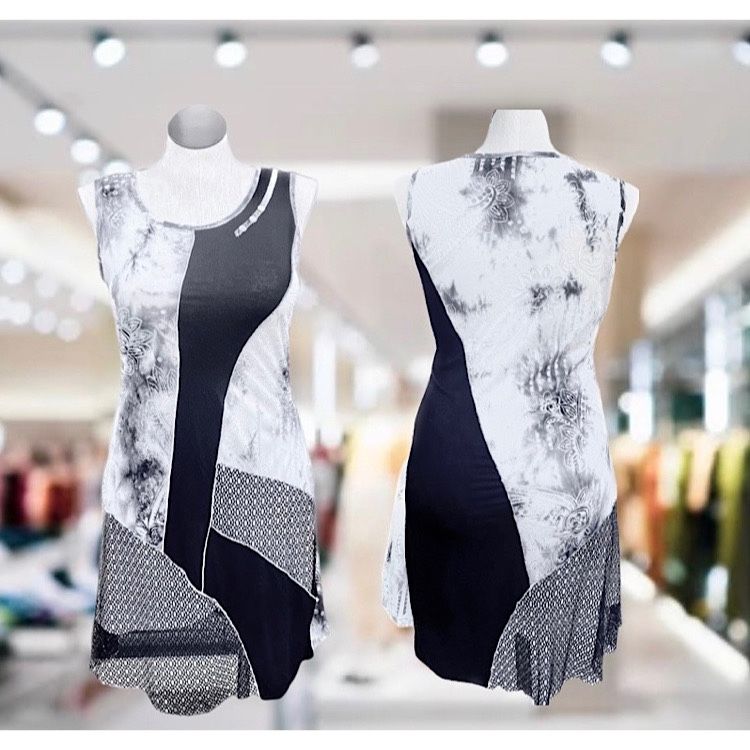 Cativa Sleeveless Dress Black White Floral Abstract Fish Net Size S