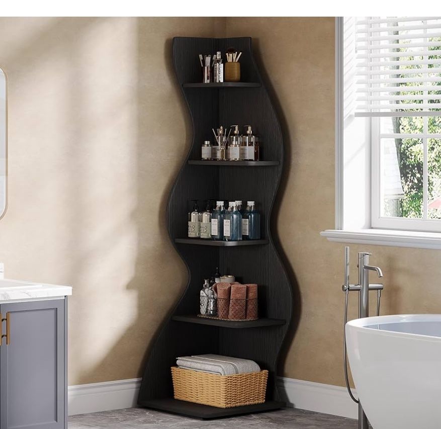Corner Shelf, Modern 5-Tier Bookshelf Bookcase with Curvy Shape, Unique Plant Stand Display Rack for Living Room Small Space (Black)