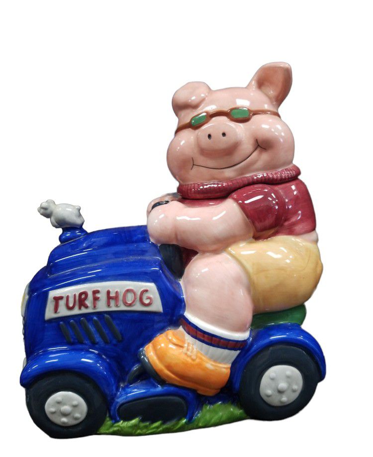 Pig On Tractor Ceramic Cookie Jar, 10 X 11x 7 Inches