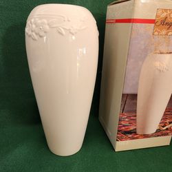 White Ceramic Glazed Vase Floral Embossed New Angelica