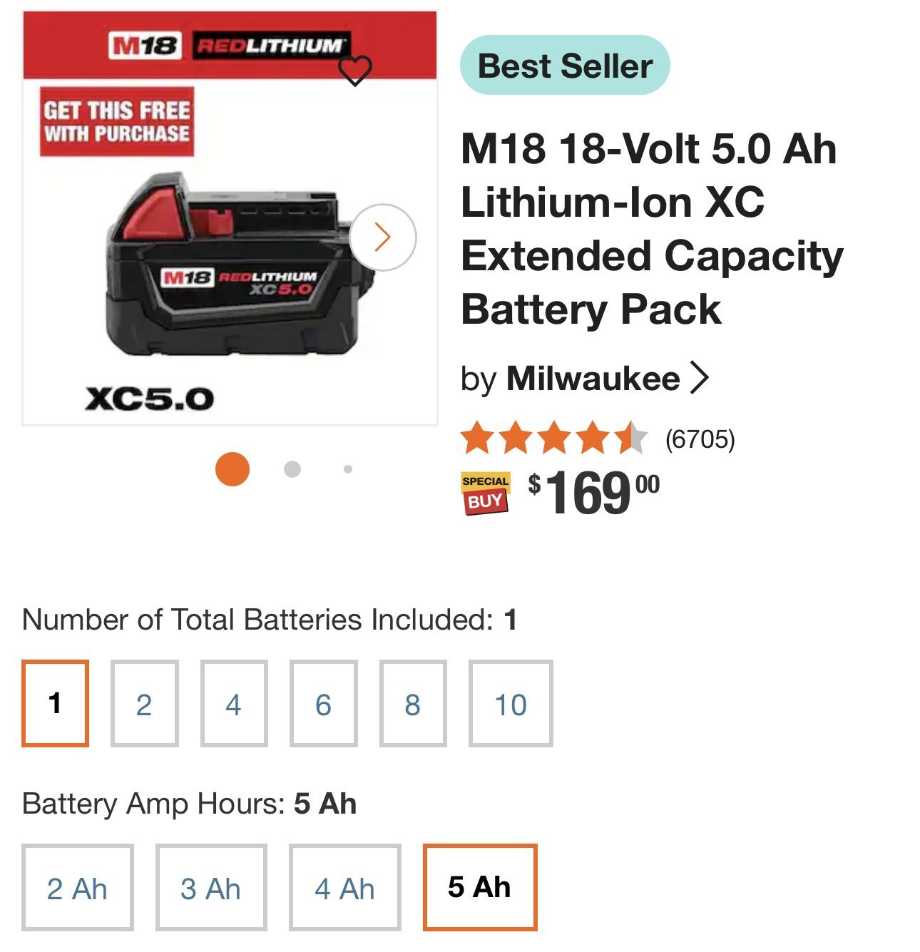 M18 18-Volt 5.0 Ah Lithium-lon XC Extended Capacity Battery Pack