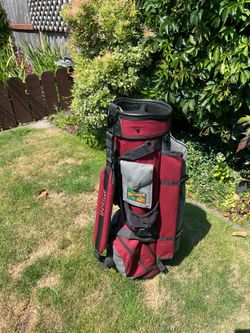 Vintage Belding Sports Bushwhacker II maroon and grey canvas cart golf bag featuring a 4-way top divider system