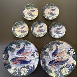 Japanese Koi Fish Plate Set 7pc Sun Ceramics Japan