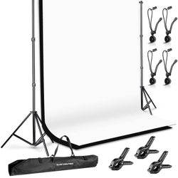 SLOW DOLPHIN Photo Background Support System with Backdrop Stand Kit, 100% Pure Muslin 6.5 Ft x 10 Ft (White/Black) Backdrop,Clamp, Carry Bag for Phot