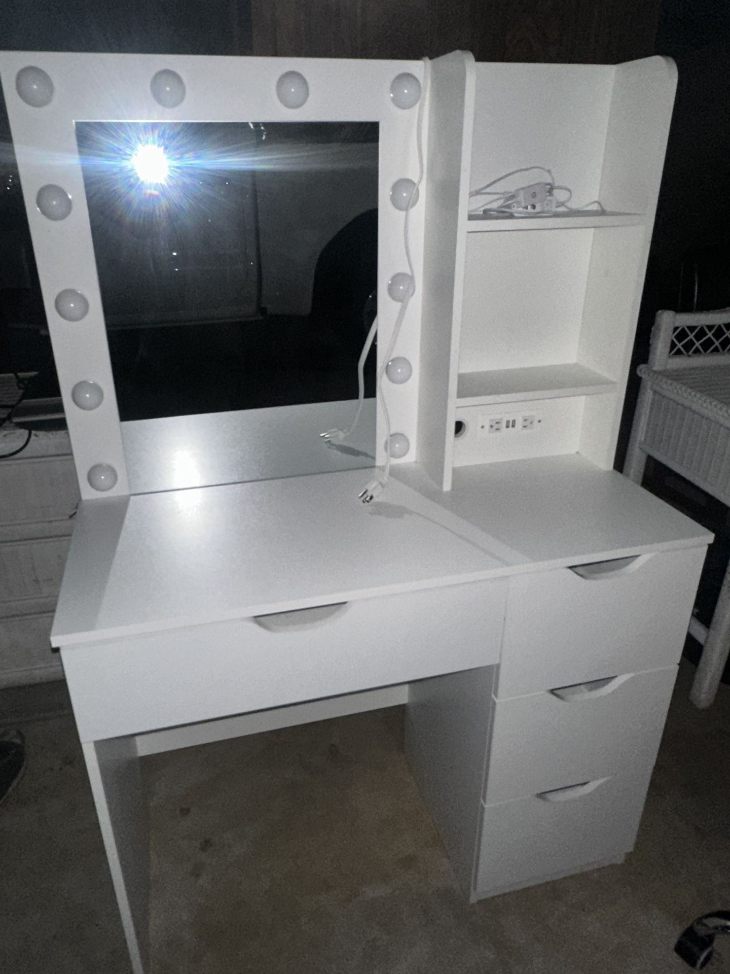Kids White Vanity With Mirror And Lights And Chair