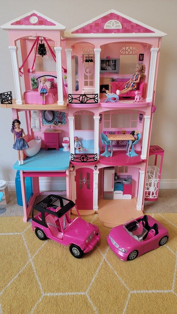 Mattel Barbie 3 Story Pink Doll House with Dolls and Accessories