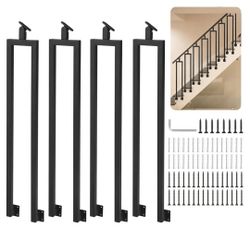 8743: New 4 Pack U Shape 38.6" Stair Balusters with Adjustable Top Bracket for Staircase Interior, Side Mount Industrial Wrought Iron Balusters