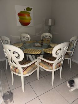 Round glass, top dining table 6 chairs